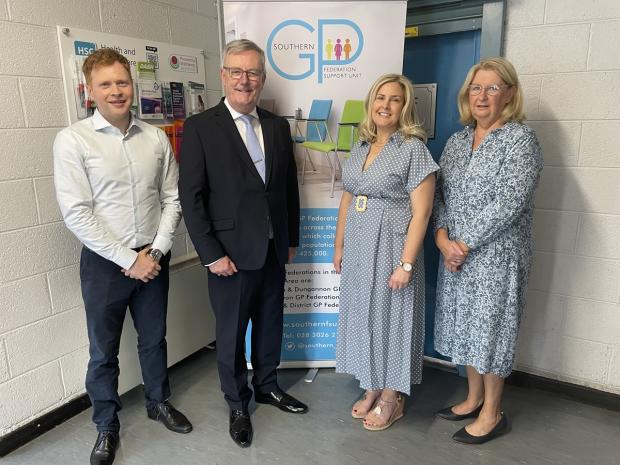 Health Minister Mike Nesbitt with Drs Kevin and Brid Allen, GP Partners at Rathkeeland House Surgery, and (right) Ann Foster, Practice Manager. 