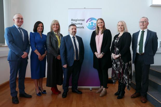 Photo from left: Ciaran Mulholland, RTN Clinical Director, Nicola Doherty, RTN Clinical Psychology Lead, Prof Nichola Rooney, event facilitator, Health Minister Swann, Junior Minister Reilly, Junior Minister Cameron, Oliver Wilkinson, Chair, Victims and S