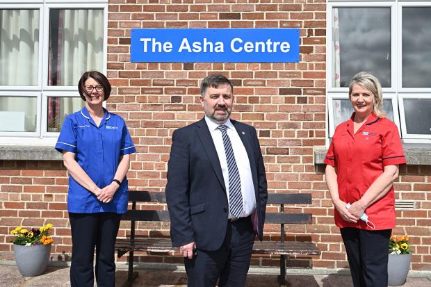 Health Minister Robin Swann with (left) Deputy Sister Kerry Mellon and (right) Sister Phyllis Fitzsimons during a visit to ASHA Centre for Addiction in Omagh. 