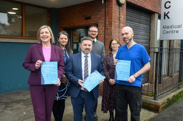 Minister Swann is pictured with (L-R) Professor Cathy Harrison, CPO; Glynis McMurtry, Professional Head of Pharmacy, GP Federations; Chris Garland, SPO, DoH; Dr Ursula Mason, Chair RCGP NI; Dr James Crothers GP Partner, Knock Medical Centre 